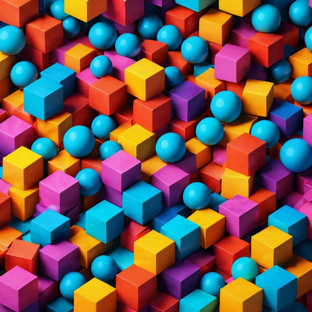 A vibrant 3D landscape showcasing whimsical geometric structures like cubes and spheres, playfully arranged in a harmonious manner. Incorporate bright and cheerful colors, with textures that suggest a joyful atmosphere. The background should feature abstract patterns and soft gradients that enhance the feeling of bliss and innovation. Include playful lighting effects that create a sense of depth and dimension. super-realistic. vibrant colors. 3D.