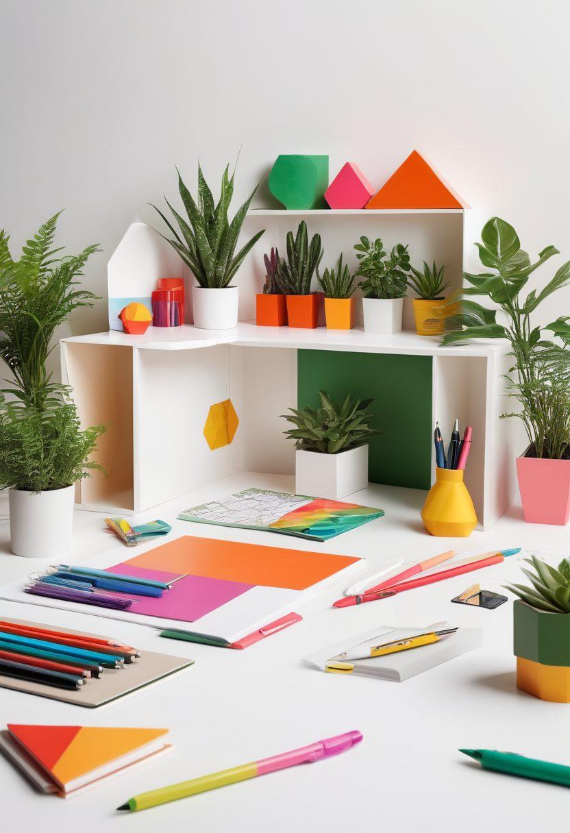 A whimsical workspace featuring vibrant modular Qubical shapes in various colors and sizes, creatively arranged to form an inspiring, delightful environment. Include elements of design like sketchbooks, colorful pens, and geometric patterns. Capture a sense of joy and innovation with playful lighting and a touch of nature through plants. super-realistic. vibrant colors. white background.