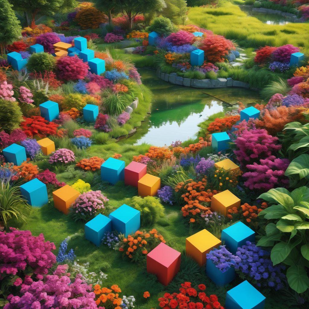 A mesmerizing geometric landscape filled with vibrant, interlocking cubes that symbolize innovation and design, surrounded by a serene nature backdrop. Incorporate elements of joy, such as colorful flowers and playful wildlife, to enhance the feeling of bliss. The scene should balance modernity and nature, showing a harmonious blend of shapes and colors. super-realistic. vibrant colors. 3D.
